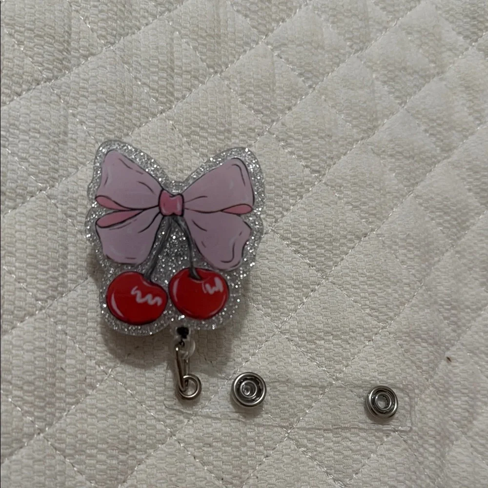 Pink Bow and Cherry Glitter Badge Reel